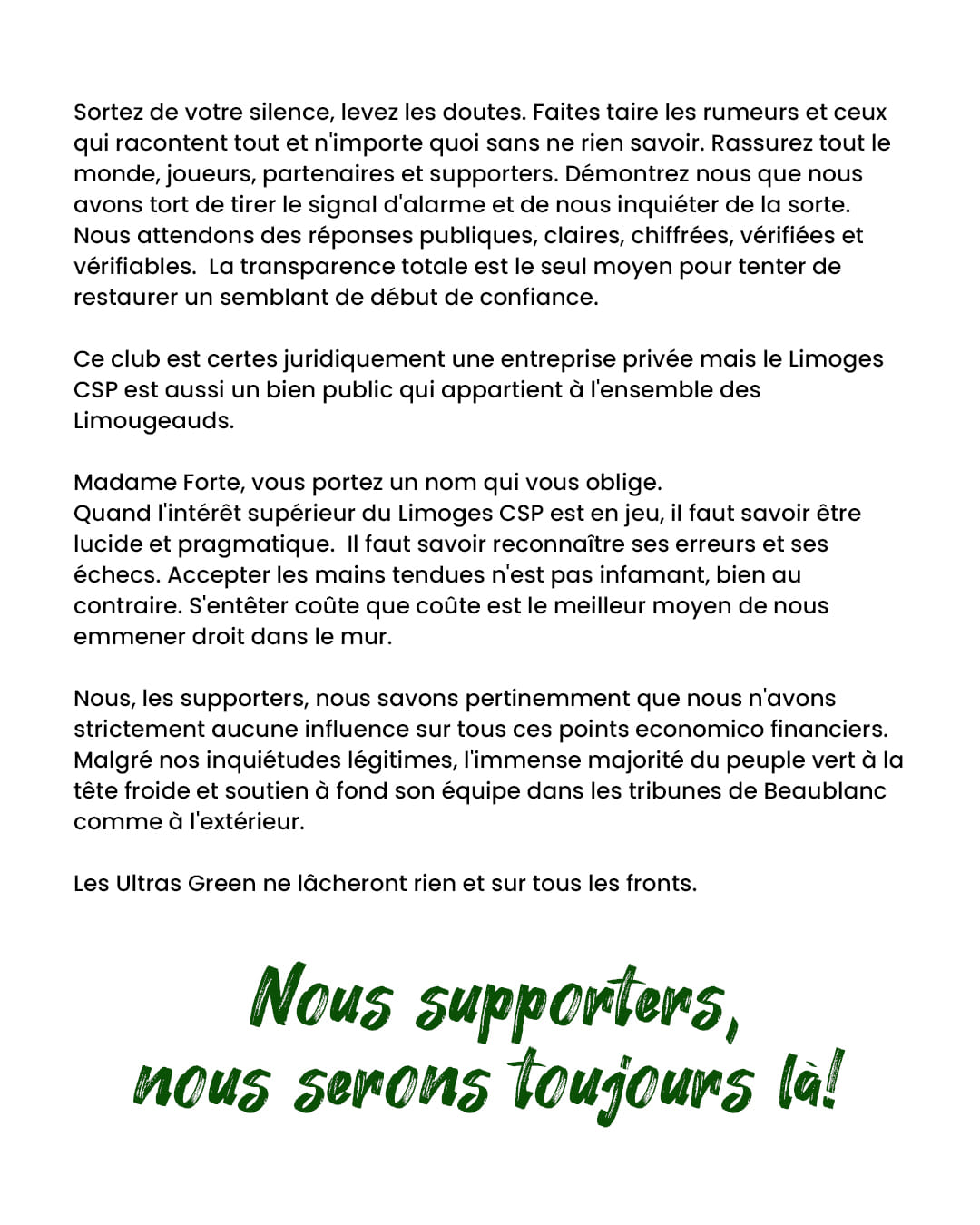 Ultras Green communiqué 26 décembre 2023