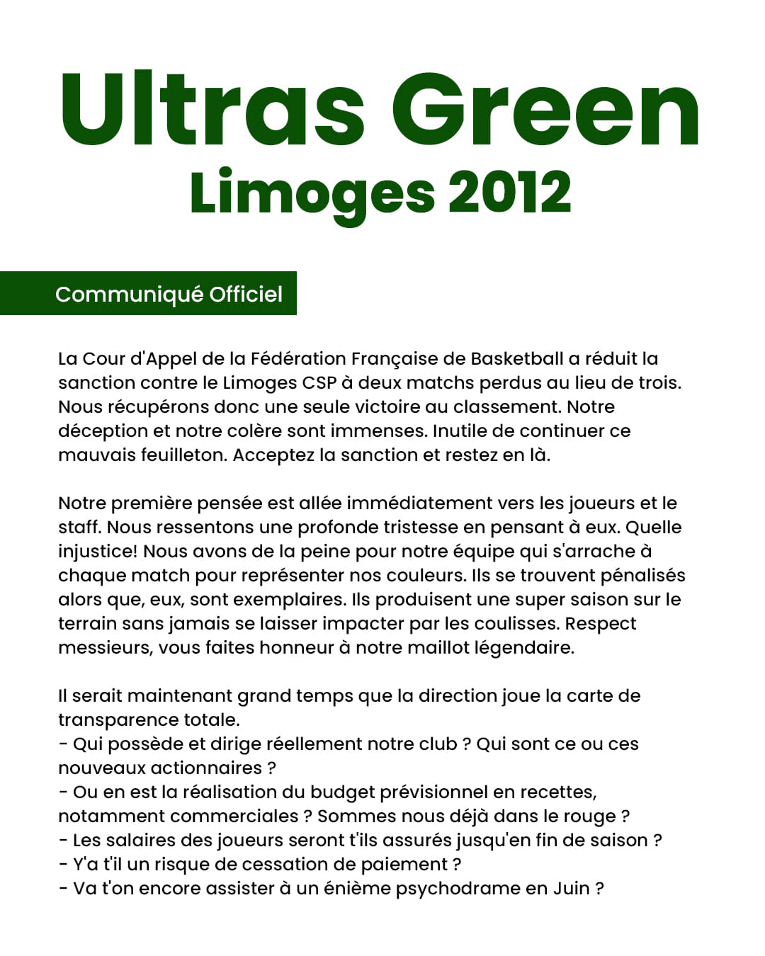 Ultras Green communiqué 26 décembre 2023