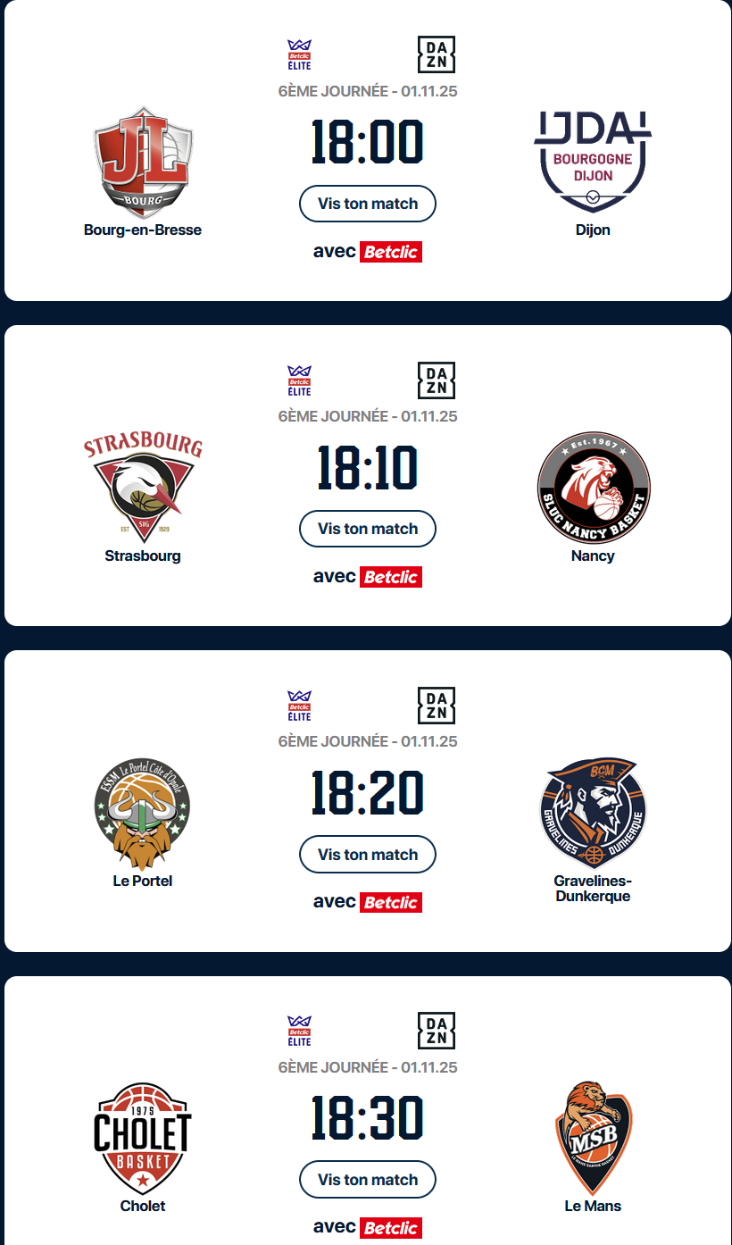 Le programme de la sixième journée de Betclic ELITE